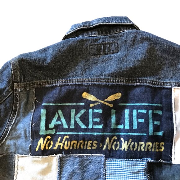 Upcycled Denim Patch Jacket: Lake Life Theme Patchwork Jean Coat, Women’s Large - Picture 5 of 12